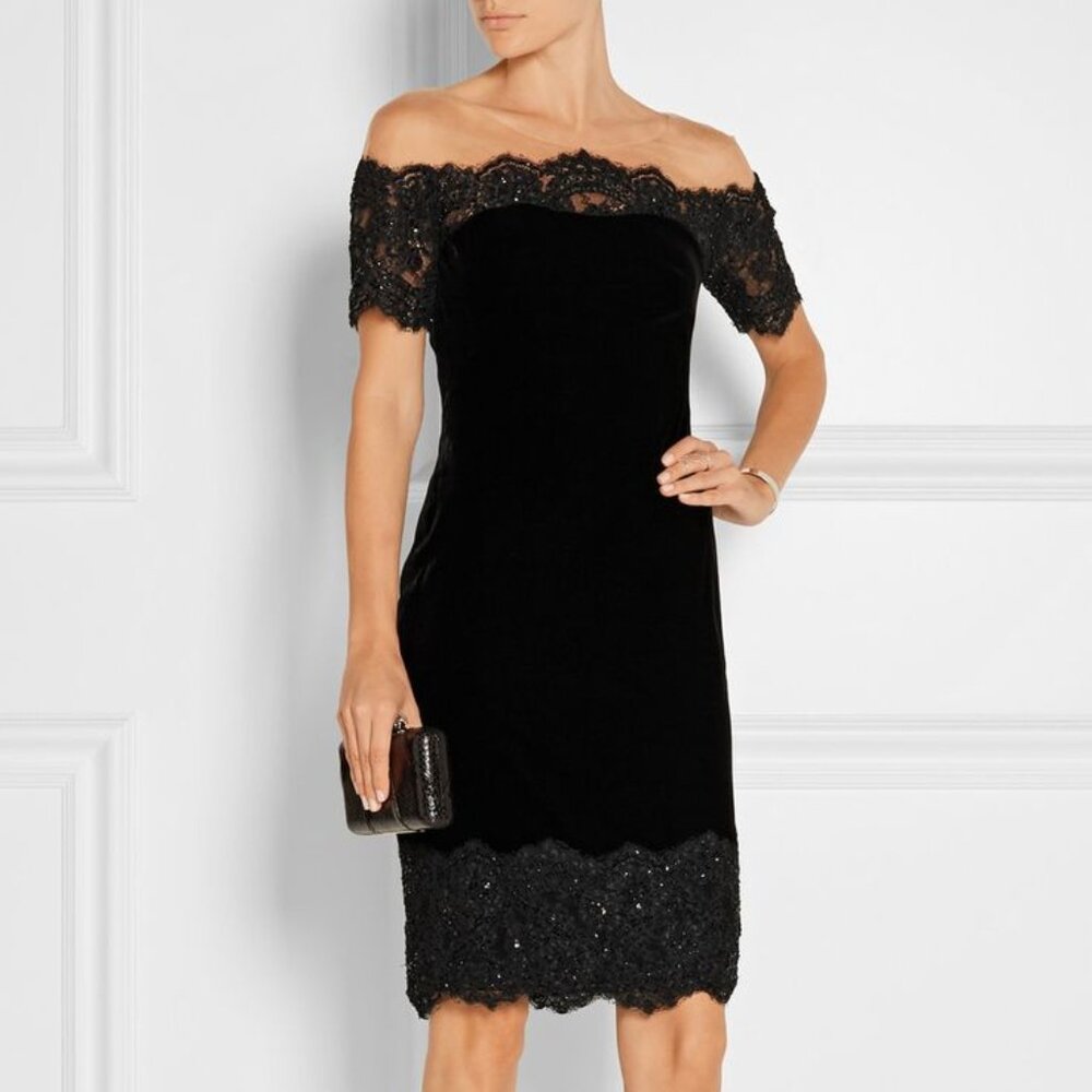 Marchesa Notte AW/15 Black Embellished Lace-Trimmed Velvet Dress